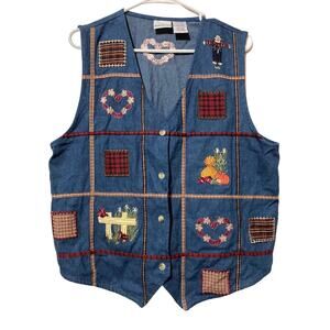 Vtg‎ BOBBIE BROOKS Denim EMBROIDERED Plaid Scarecrow BUTTON-UP Vest L(12/14)